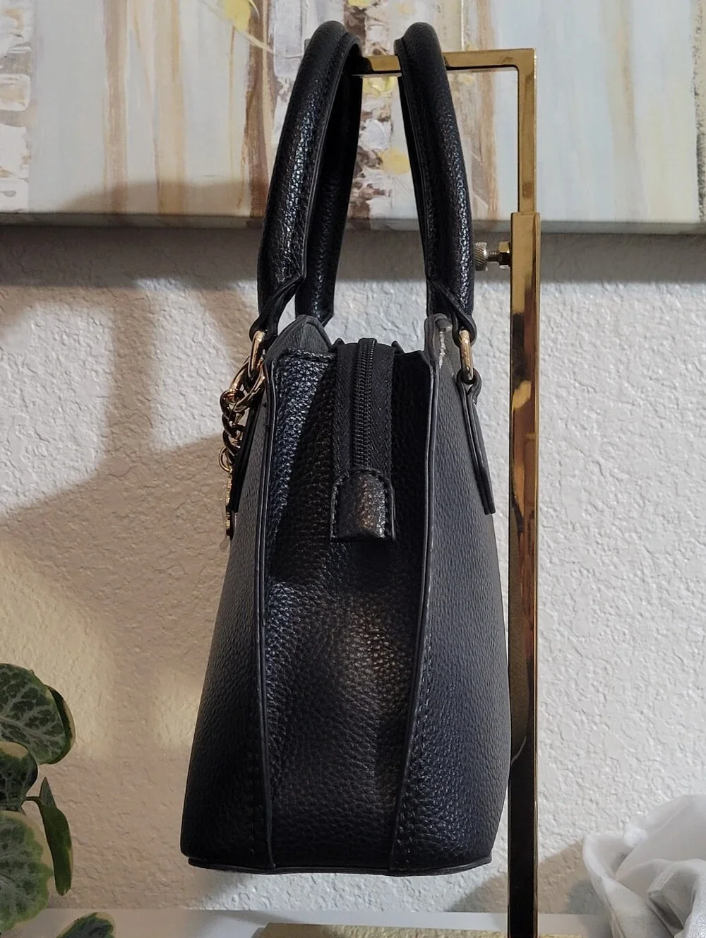 NWT GUESS Davina Charms Black Satchel Handbag with Gold Chain and Charm Accents
